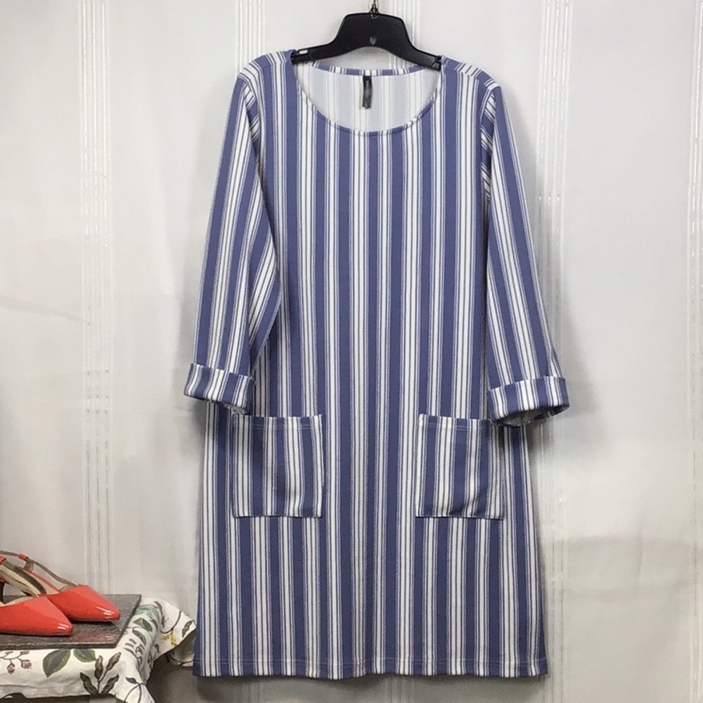 MASSINI Crepe Stripe Pullover 3/4 Sleeves Pockets Shift Dress Sz.L Like New